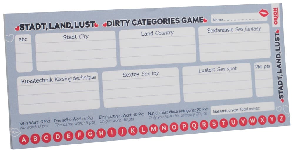 Erotisk spil "Dirty Categories Game", Papirblok med 25 ark - ORION Erotik Shop