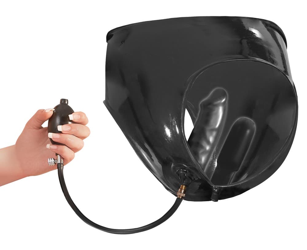 Slip af latex, med integreret dobbelt-dildo, som kan pumpes op - ORION Erotik Shop