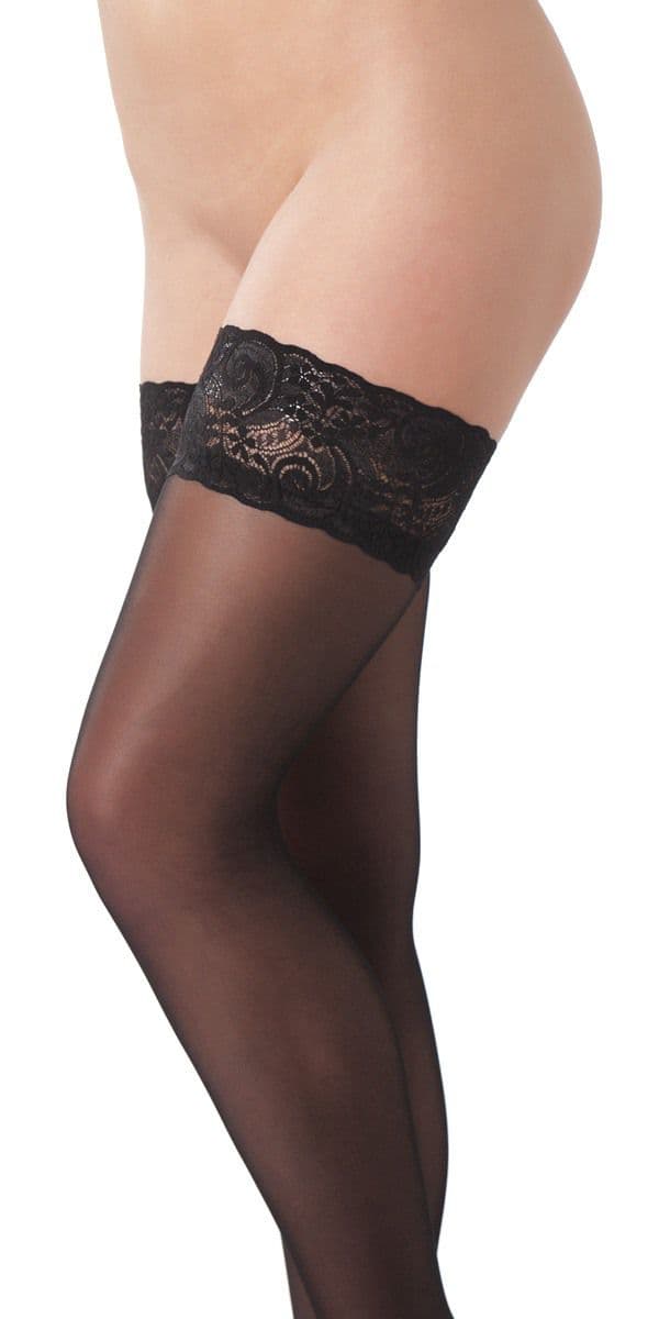 Rimba - Selvsiddende lange strømper med blonde kant sort - Sexshop.dk