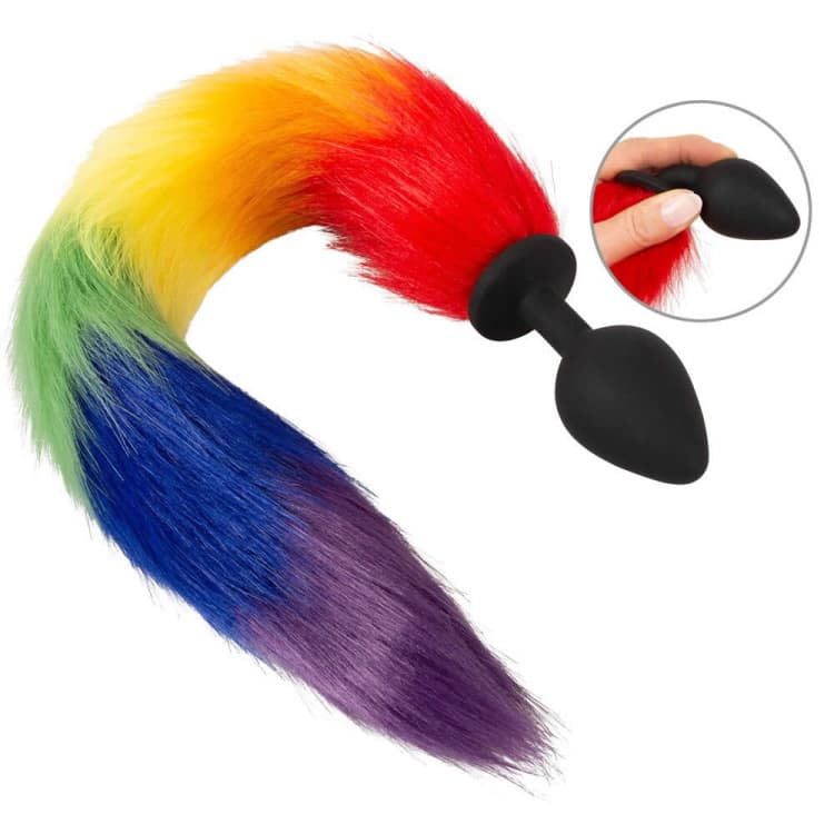 Fluffy Tail Anal Plug med Regnbue Farvet Hale