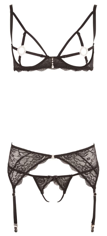 Stroppe sæt med 3 dele, sorte blonder og strass - ORION Erotik Shop