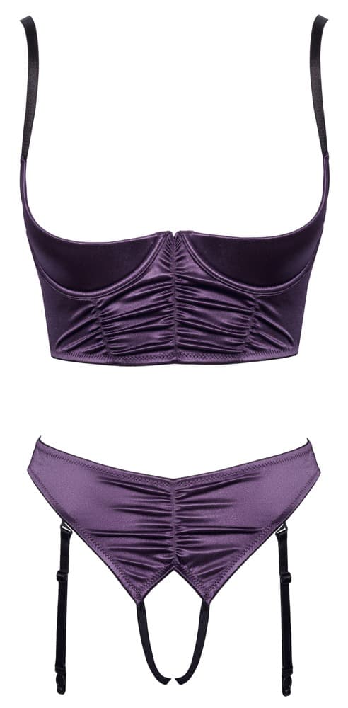 Åben BH plus trusse med seler af stretch satin i ædel lilla med sorte detaljer - ORION Erotik Shop