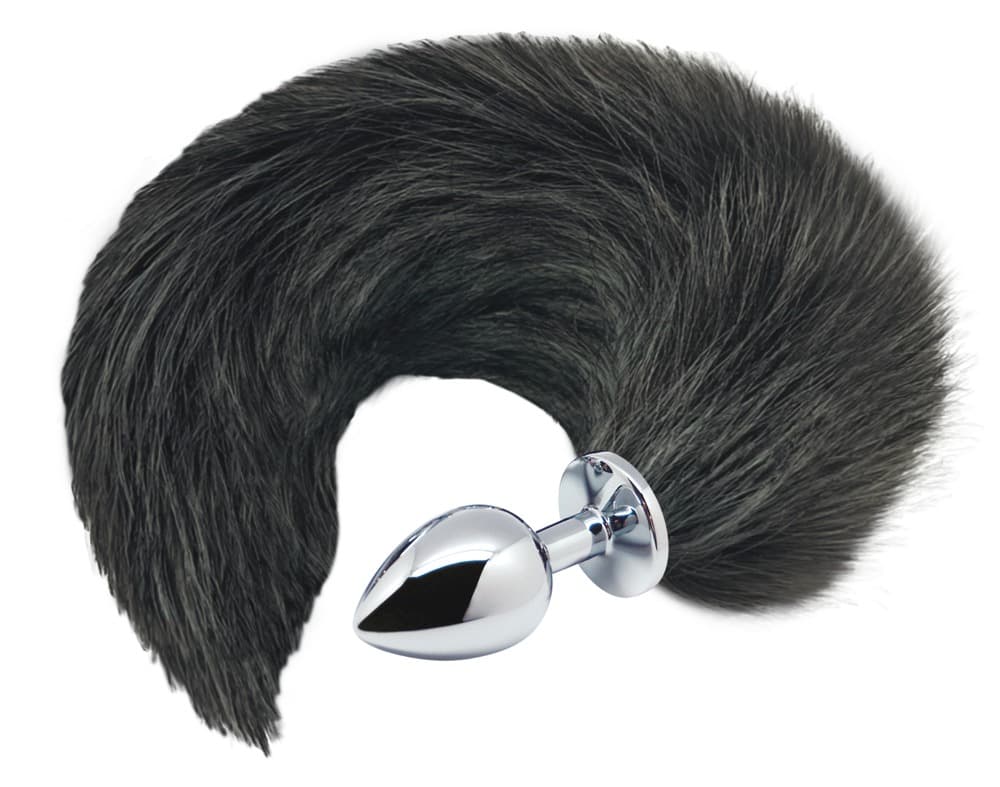 "Black & White Fox Tail M" metal anal plug med faux fur hale på stopperen